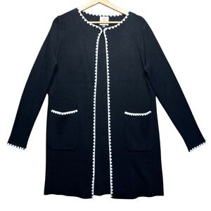 Sioni‎ Black Knit Long Cardigan Scalloped Trim Pockets Women Small Open Front